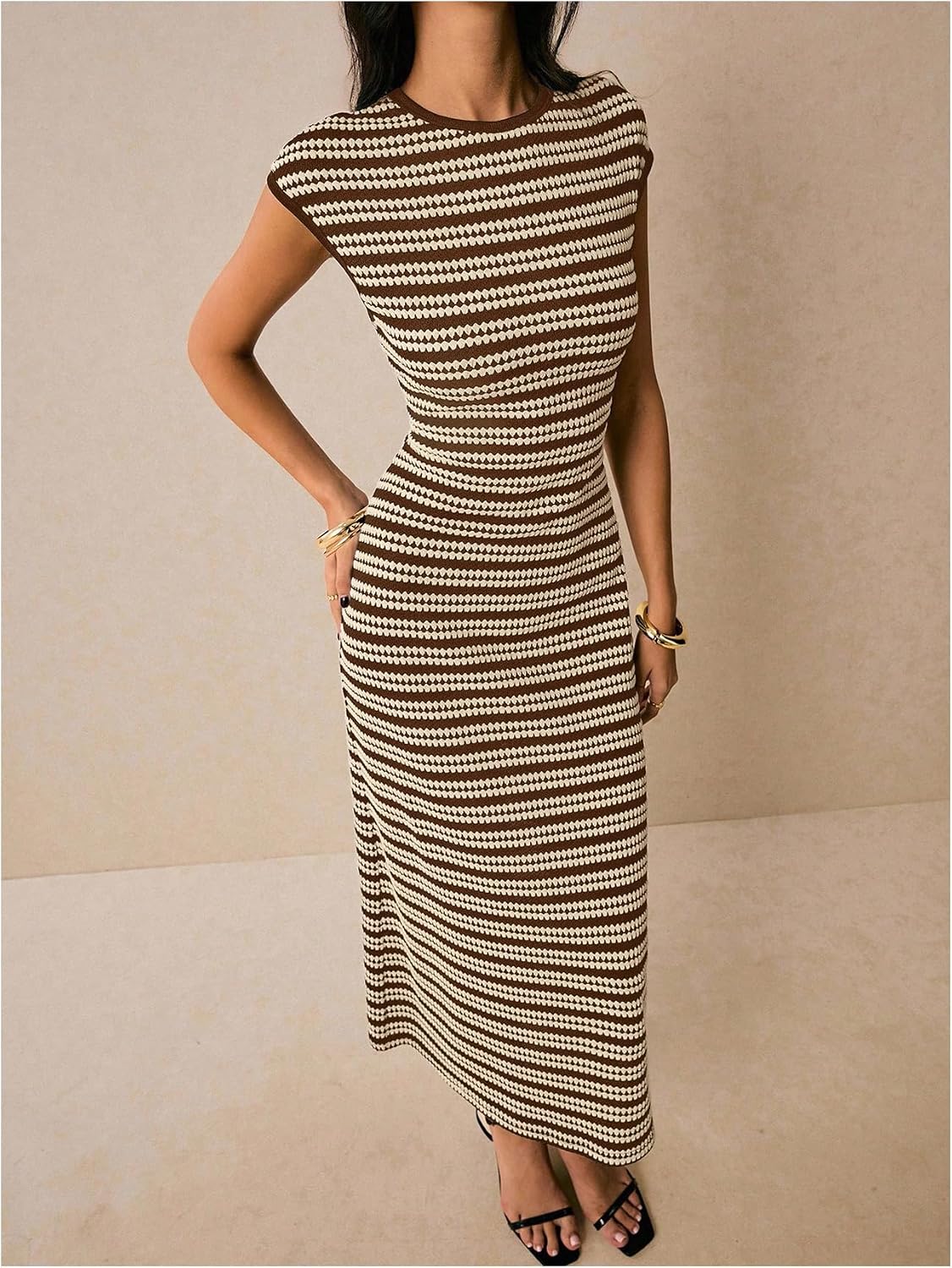 SOLY HUX Women's Striped Midi Dress Casual Work Knit Bodycon Summer Dresses