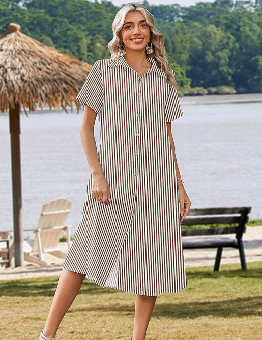 Zeagoo Summer Dresses for Women 2026 Button Down Shirt Dresses Aline Long Sundress Short Sleeve Beach Travel Cover Up
