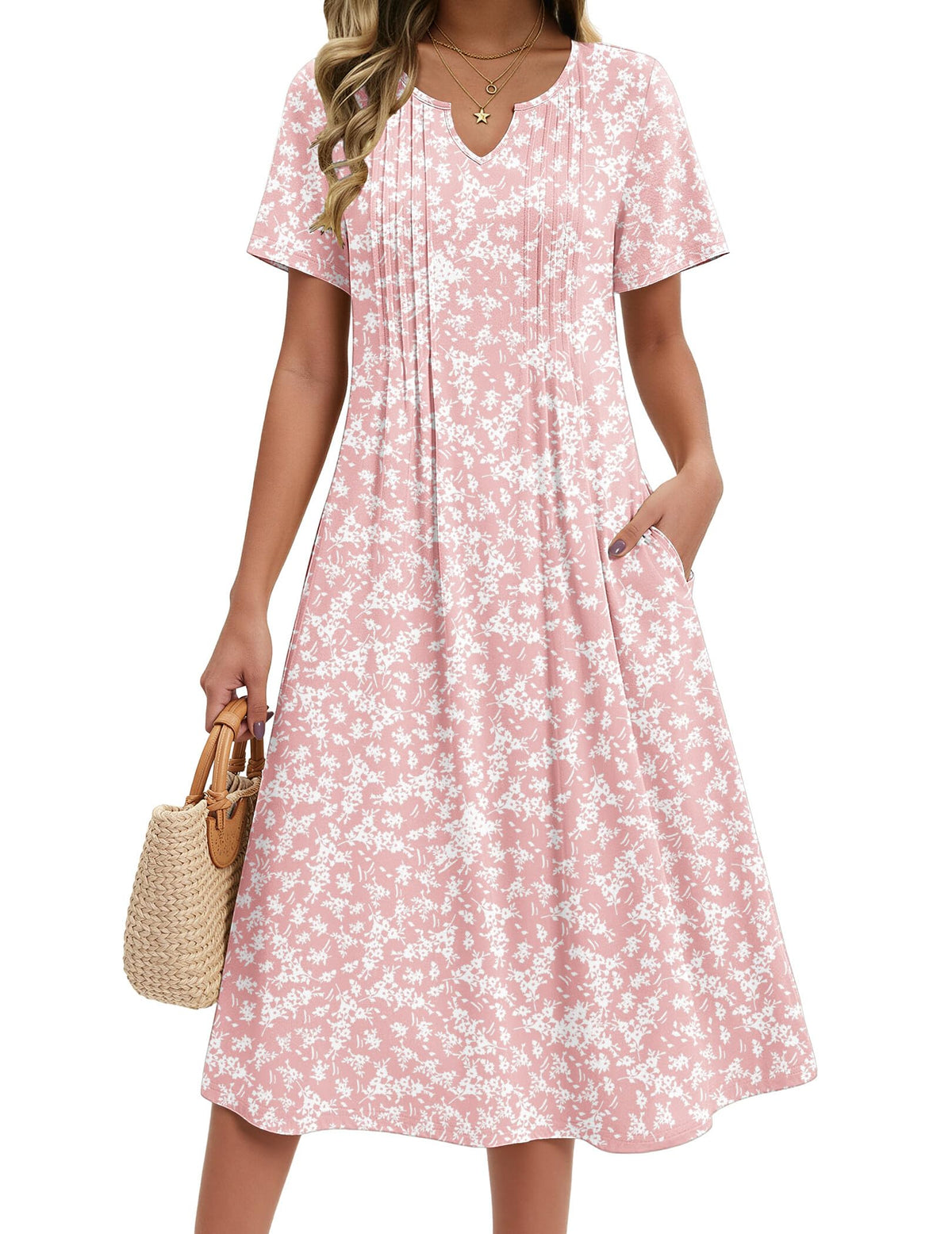 Zeagoo Summer Dresses for Women 2026 Casual Short Sleeve Aline Midi Dress with Pocket Flowy Pleated Tshirt Beach Sundress