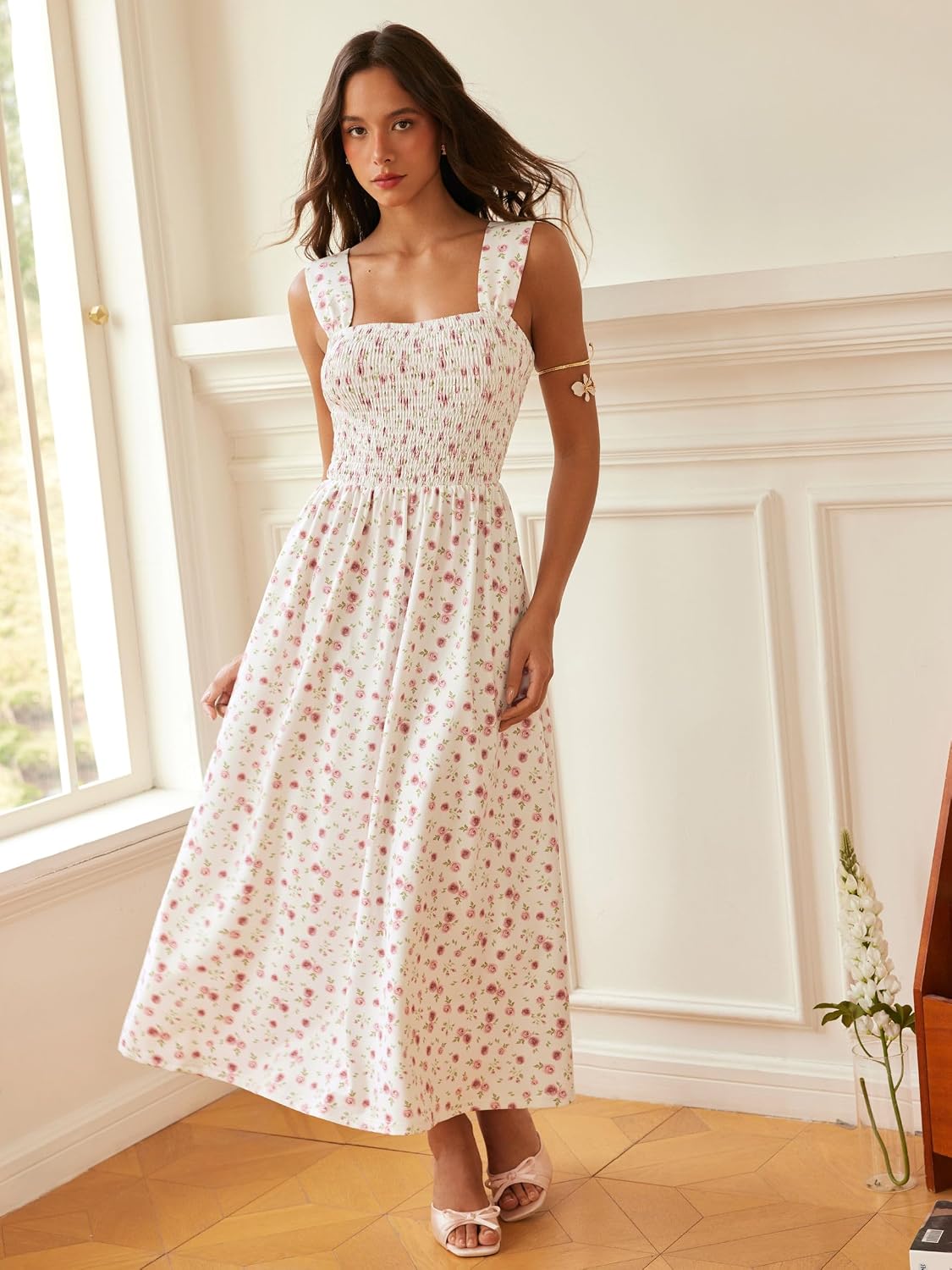 CIDER Womens Floral Smocked Dresses Square Neck Long Midi Sundress