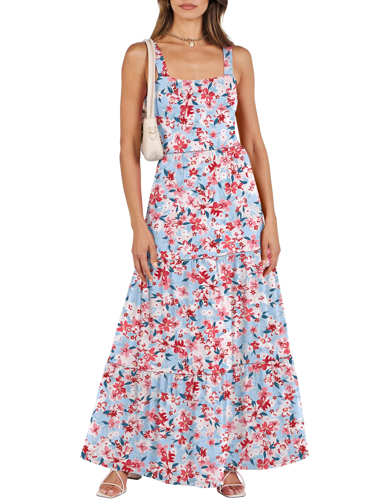 ANRABESS Women's Summer Flowy Maxi Dress Square Neck Sundress with Pockets