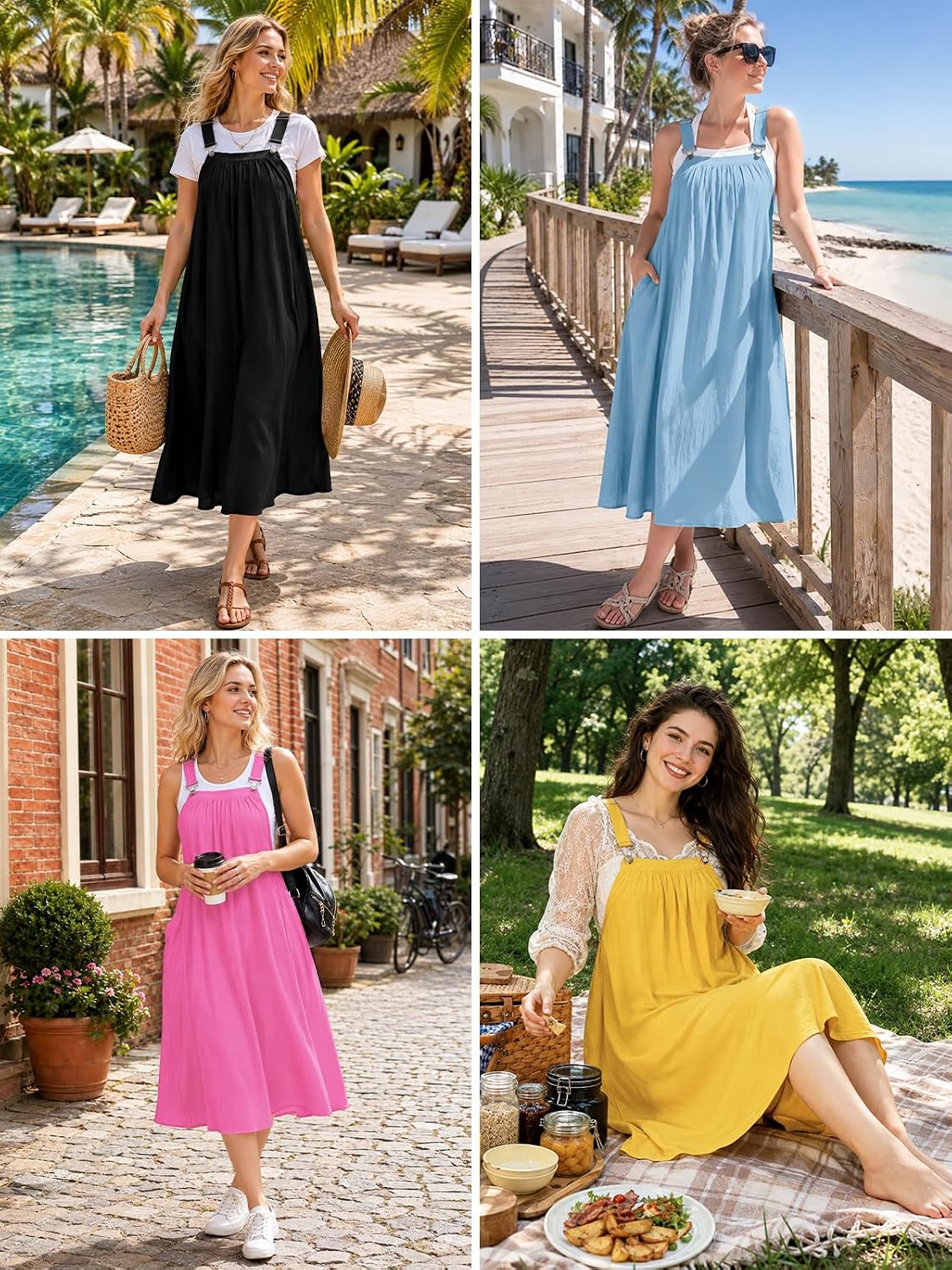 Moon Wood Cotton Overall Dress for Women Jumper Dress with Pockets Summer Casual Midi Dress