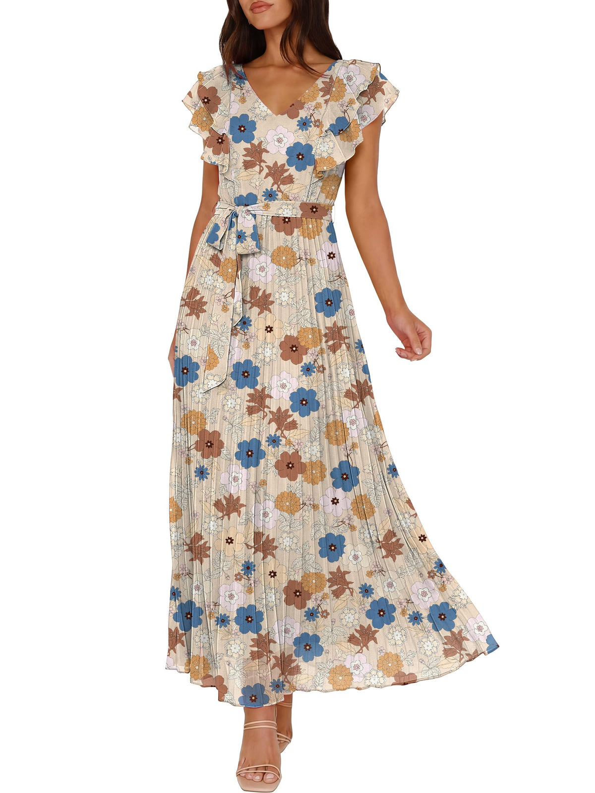 ANRABESS Women V Neck Ruffle Sleeve Floral Pleated Maxi Dresses Summer Boho Belt Empire Waist Wedding Guest Party Flowy Dress