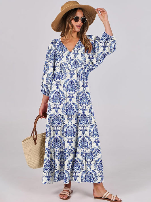 ANRABESS Womens Boho Floral 3/4 Puff Sleeve Maxi Dress