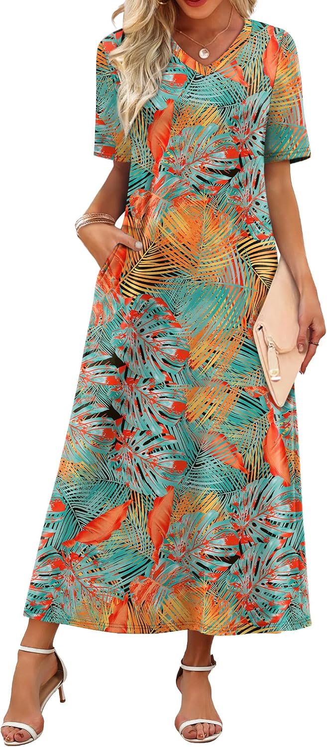 WIHOLL Women's Maxi Dresses V Neck Vacation Beach Sundresses Floral Travel Summer Dress