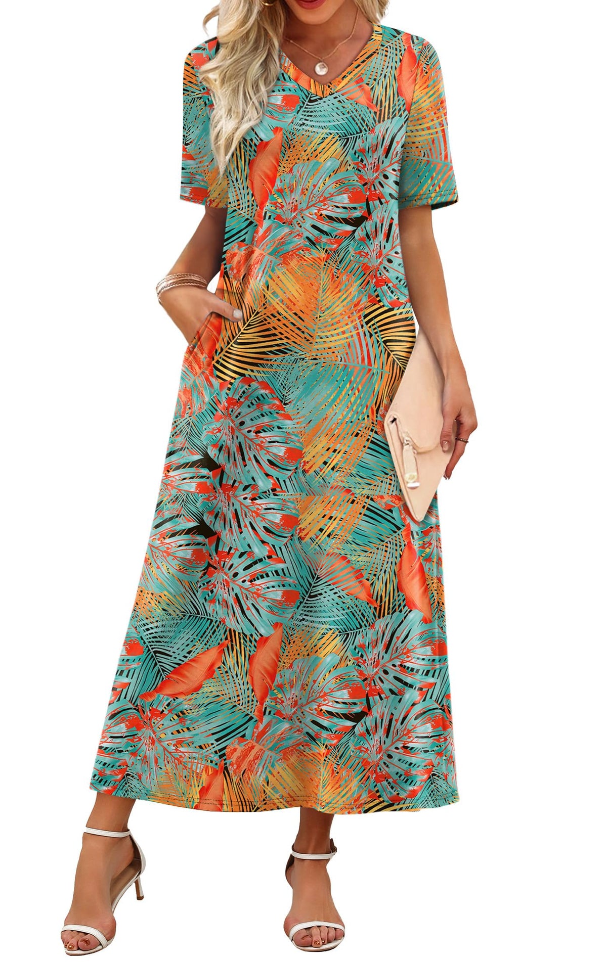WIHOLL Women's Maxi Dresses V Neck Vacation Beach Sundresses Floral Travel Summer Dress