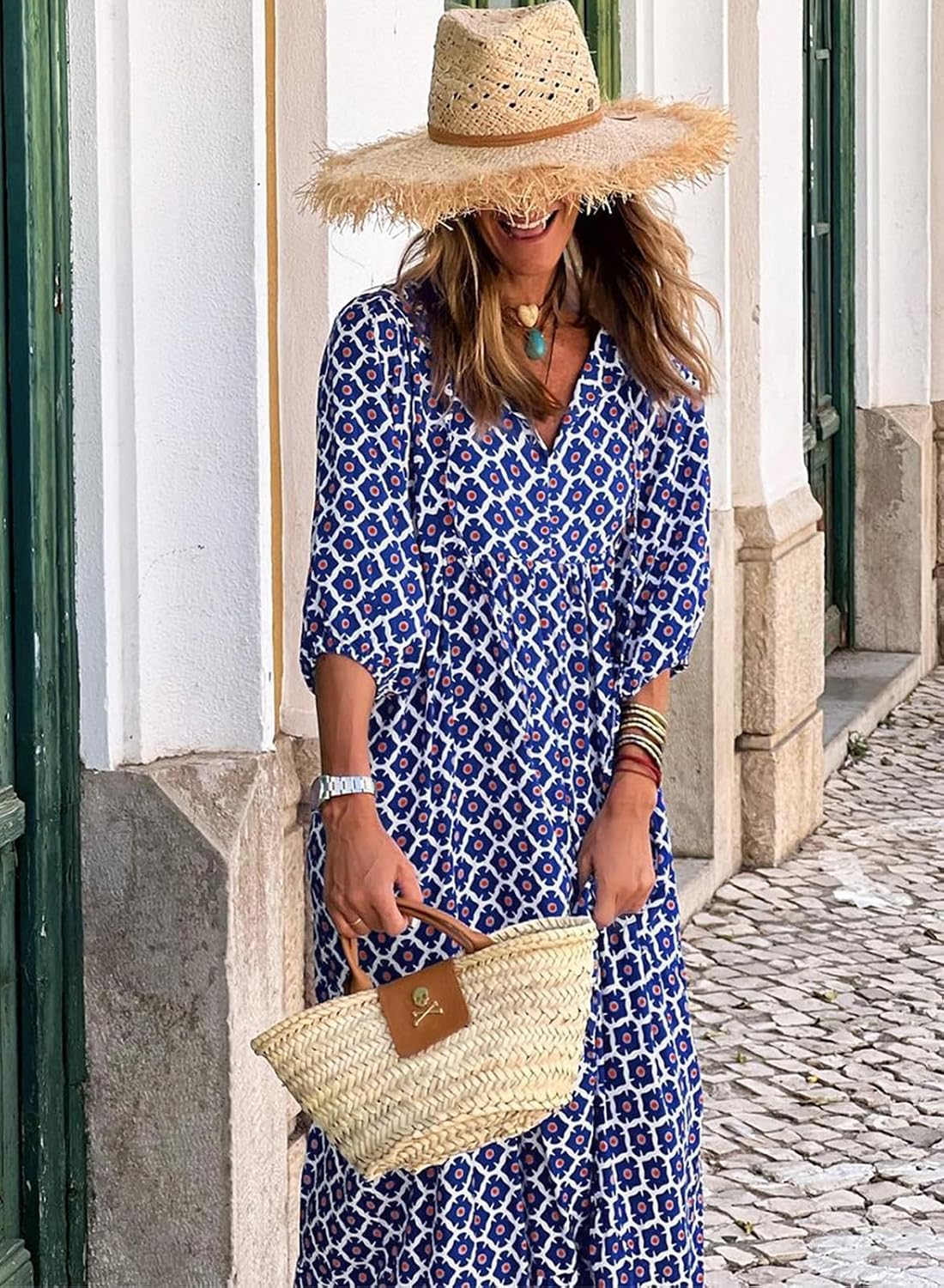 miduo Womens Casual V Neck Half Sleeve Bohemian Geometric Maxi Long Dresses
