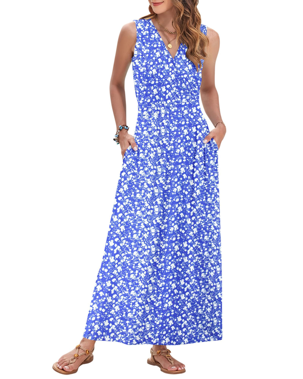AUSELILY Womens Maxi Dress Summer Sleeveless Wrap Long Dresses with Pockets