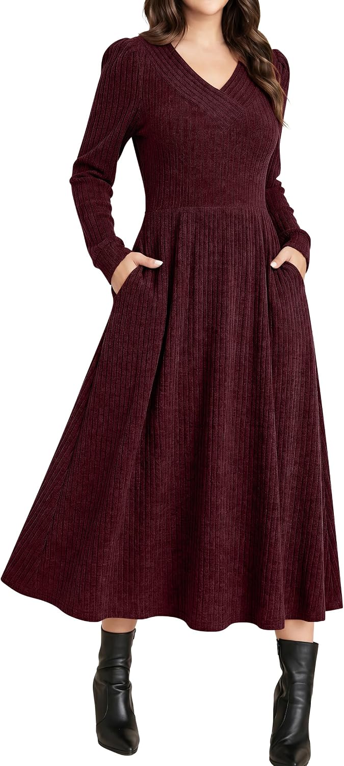 ANRABESS Womens Long Sleeve V Neck A Line Fall Midi Dress