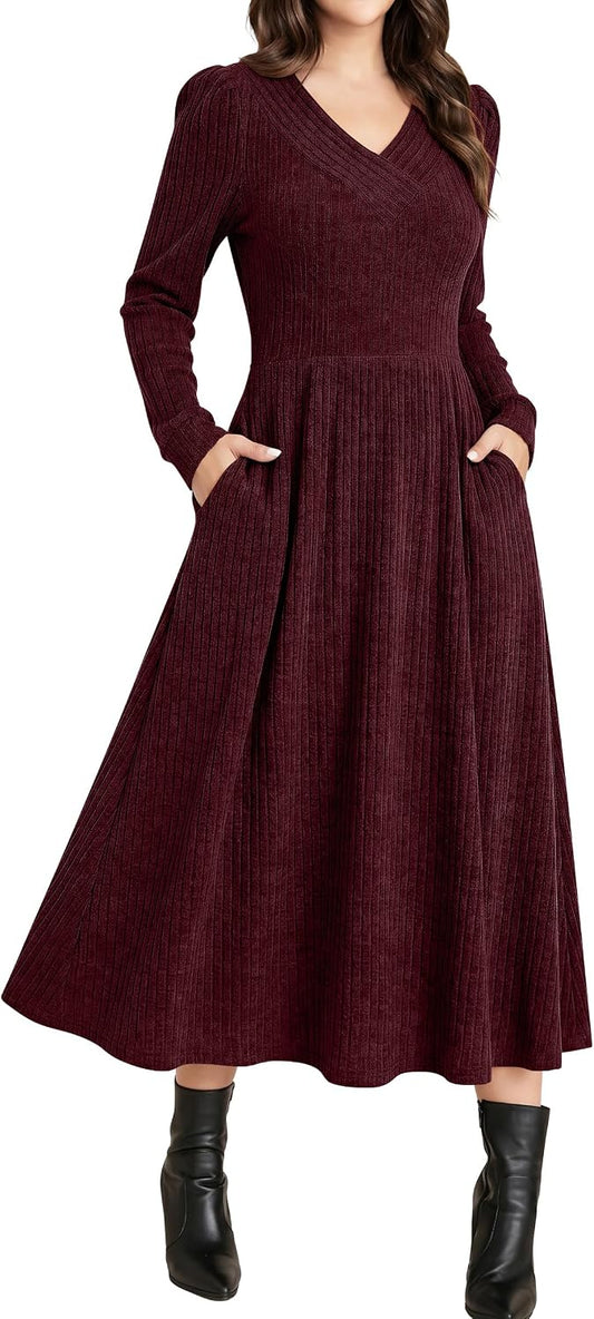 ANRABESS Womens Long Sleeve V Neck A Line Fall Midi Dress