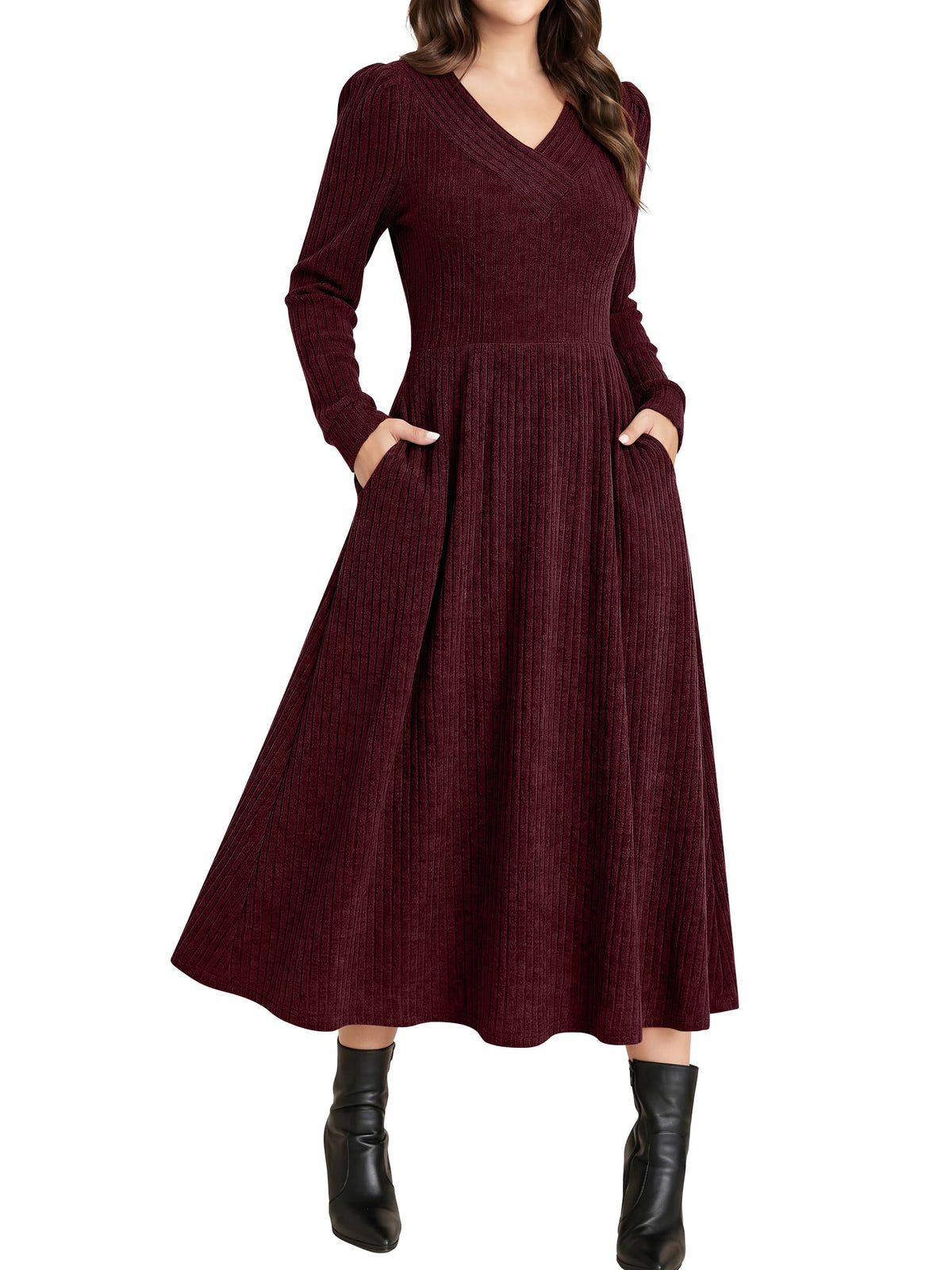 ANRABESS Womens Long Sleeve V Neck A Line Fall Midi Dress