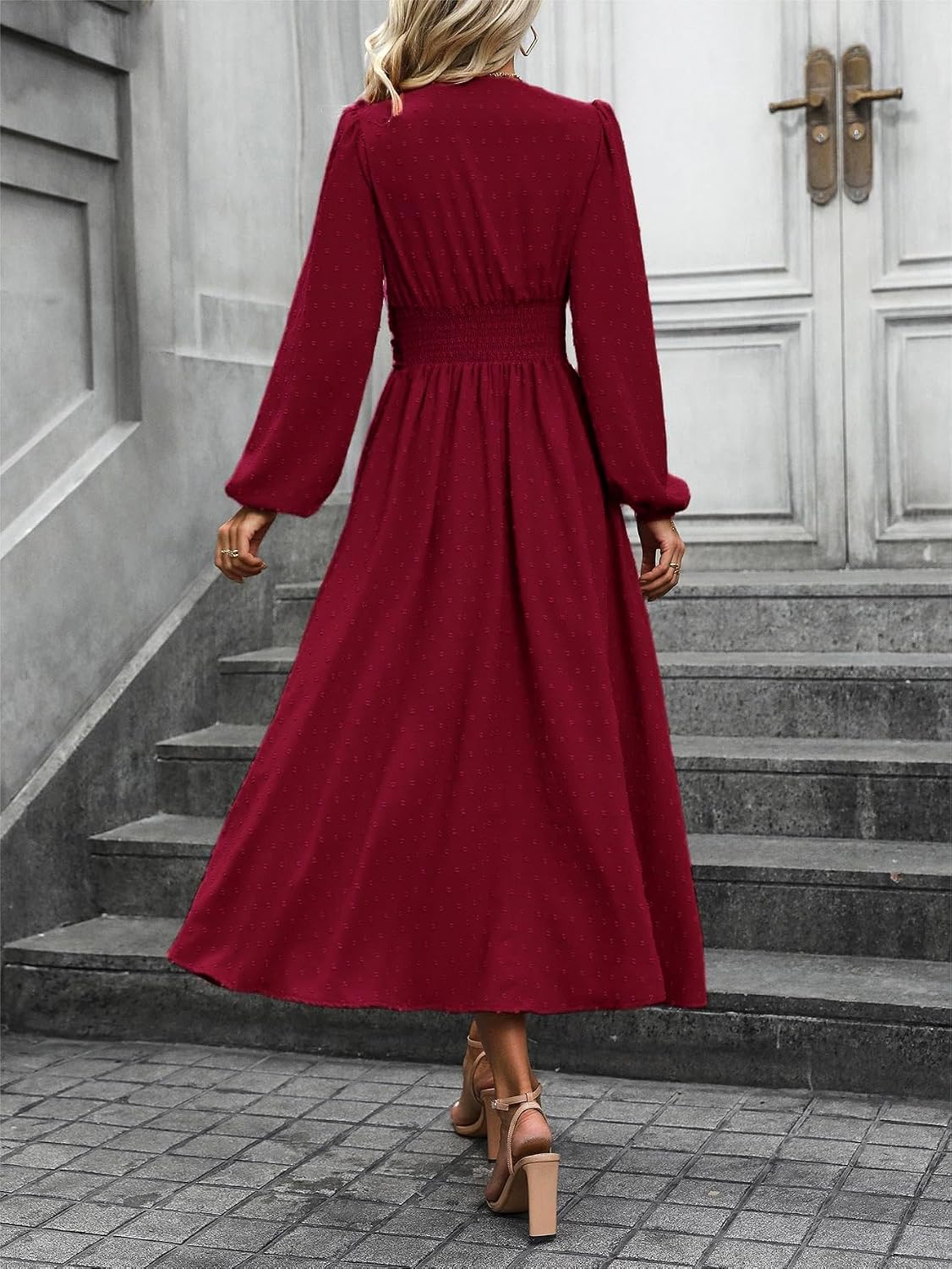 Mettclasi Women's Spring Fall Swiss Dot V-Neck Midi Dress Casual Puff Long Lantern Sleeve A-Line Flowy Wedding Guest Dress