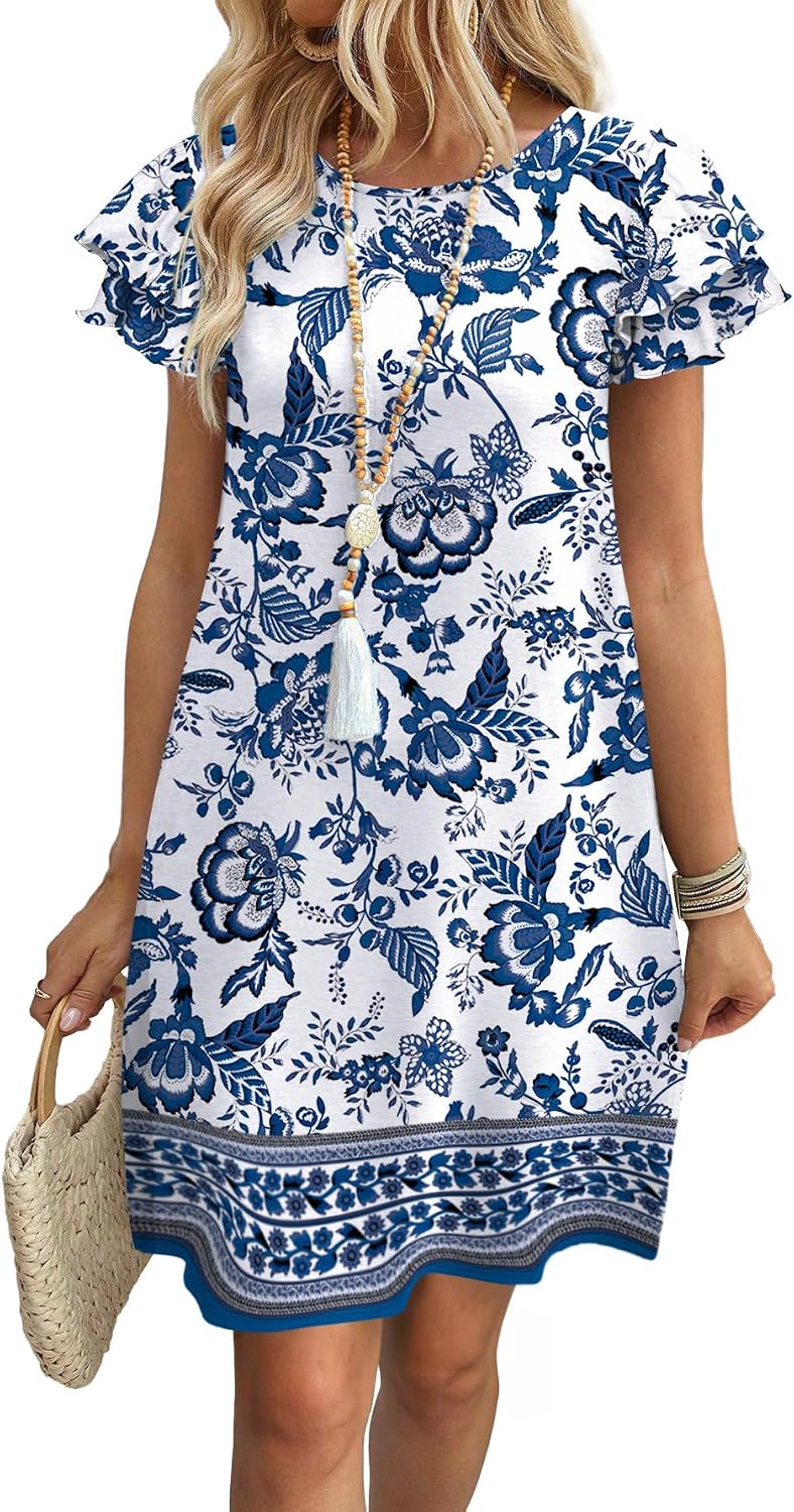 OFEEFAN Womens Summer Dresses 2026 Ruffle Sleeve Round Neck Loose Swing Sundresses with Pockets Plain/Print