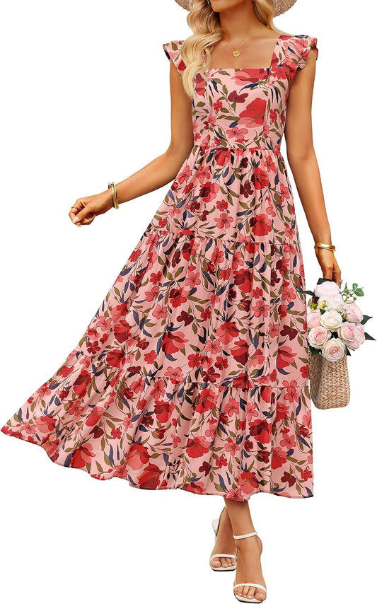 ZESICA Women's Summer Boho Floral Wedding Guest Midi Dresses