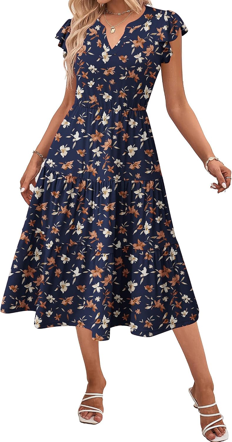 ZEAGOO Womens Summer Casual Dresses Ruffle Sleeve V Neck Midi Dress Flowy Tiered Dress with Pockets Boho Sundresses