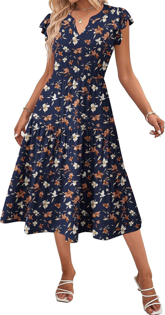 ZEAGOO Womens Summer Casual Dresses Ruffle Sleeve V Neck Midi Dress Flowy Tiered Dress with Pockets Boho Sundresses