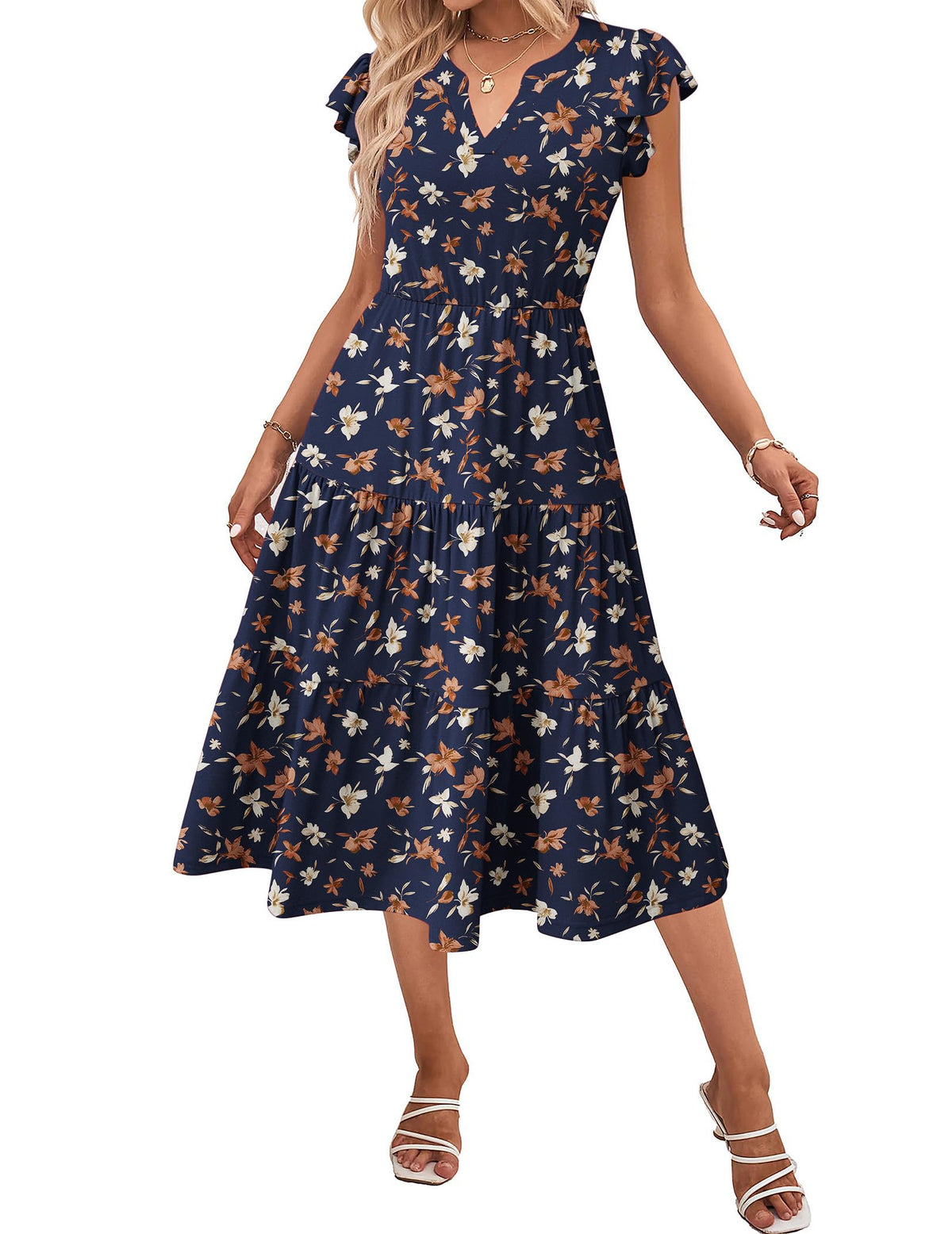ZEAGOO Womens Summer Casual Dresses Ruffle Sleeve V Neck Midi Dress Flowy Tiered Dress with Pockets Boho Sundresses