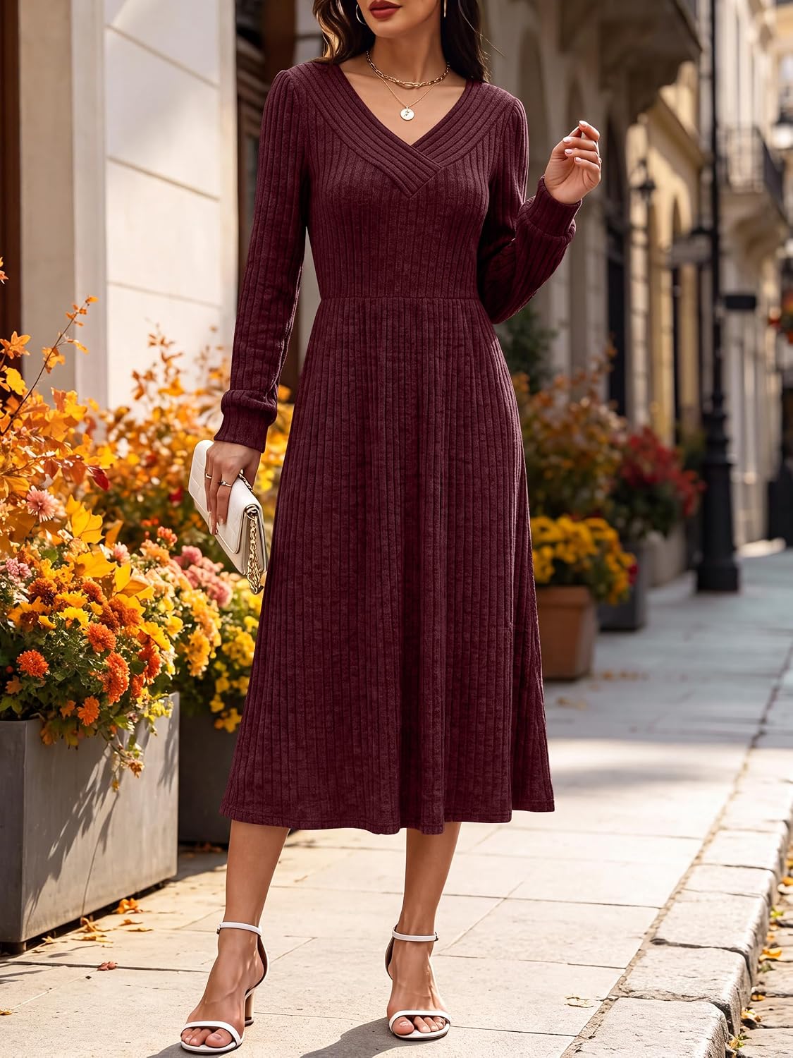ANRABESS Womens Long Sleeve V Neck A Line Fall Midi Dress
