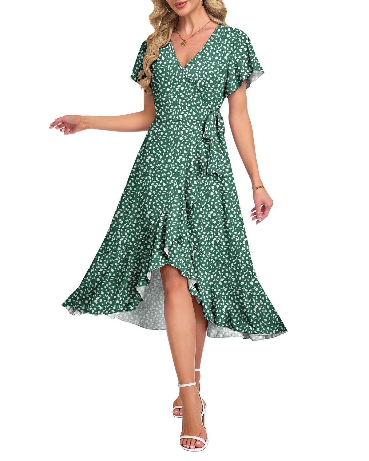 AUSELILY Women Summer Midi Dresses Wrap Short Flutter Sleeve Elegant Dress
