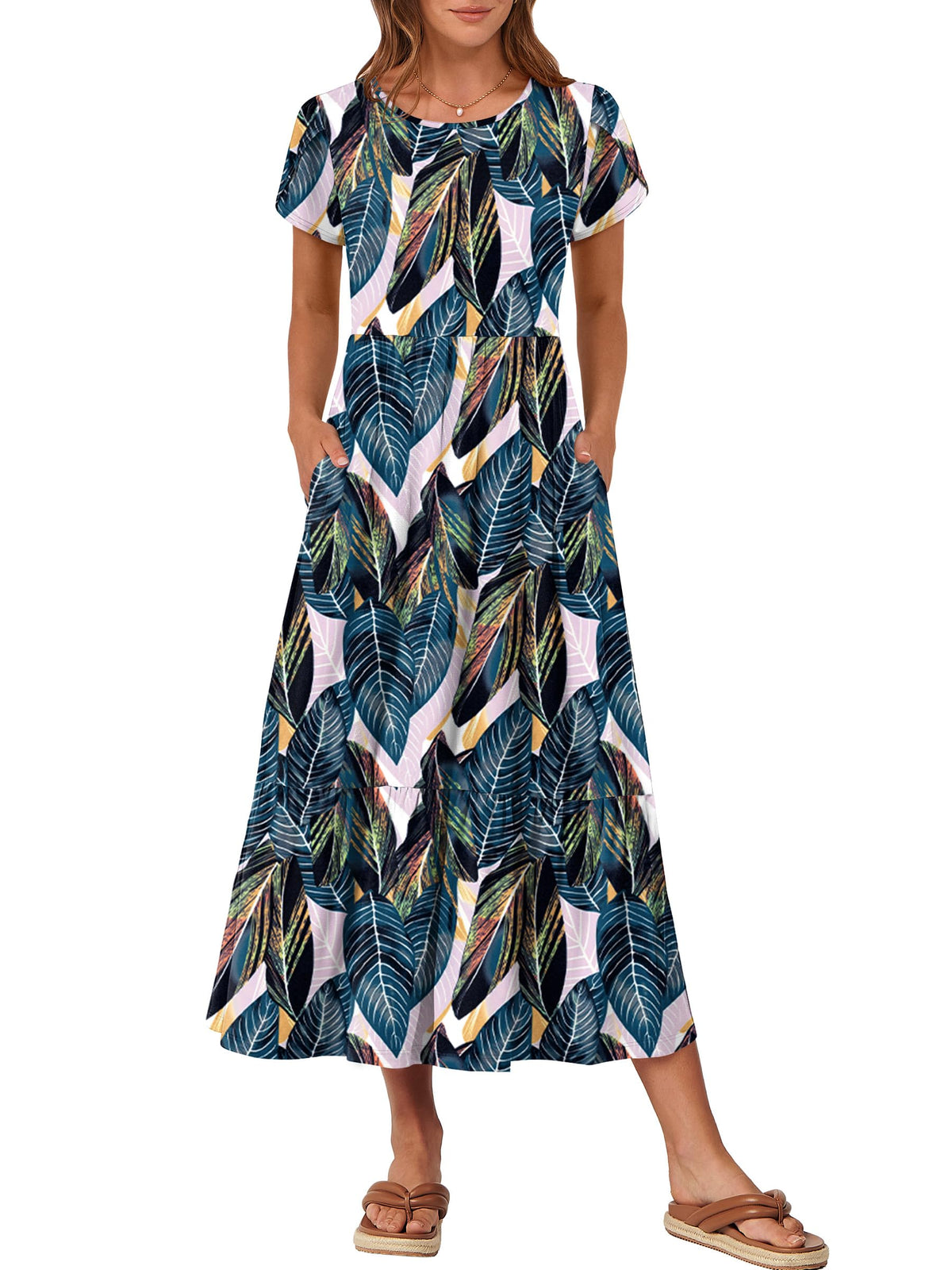 ANRABESS Womens Summer Petal Short Sleeve Maxi Dress with Pockets