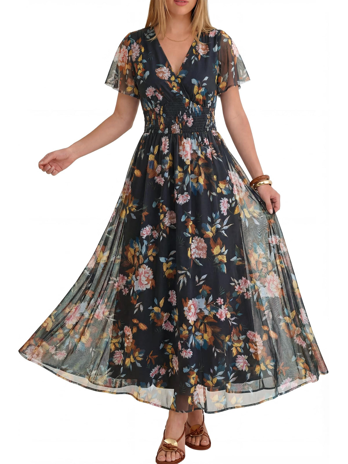 ANRABESS Women's Floral Tulle Wedding Guest Short Sleeve Maxi Dress