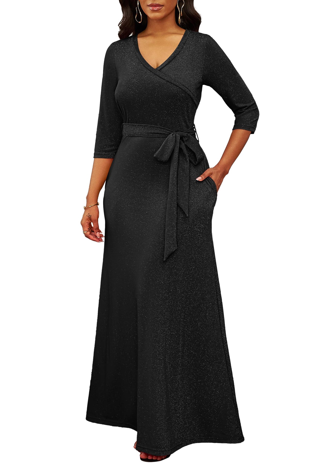 FANDEE Women's 2026 Maxi Dress - Solid Color Bohemian Summer Long Maxi Dress V-Neck 3/4 Sleeve
