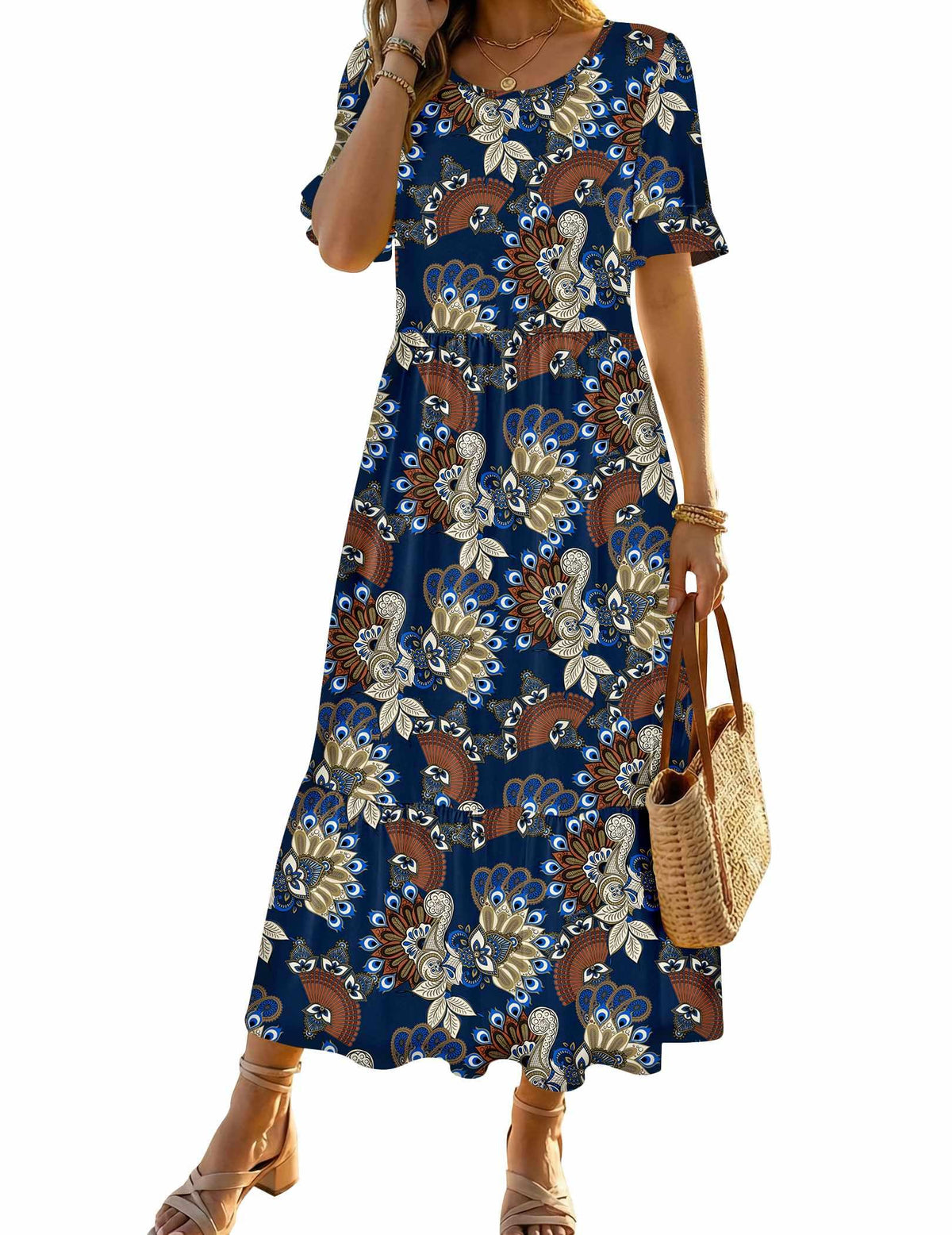 Zeagoo Womens Summer Dresses 2026 Casual Midi Dress Flowy Sundress Ruffle Short Sleeve Tiered Dresses A Line Boho Dress