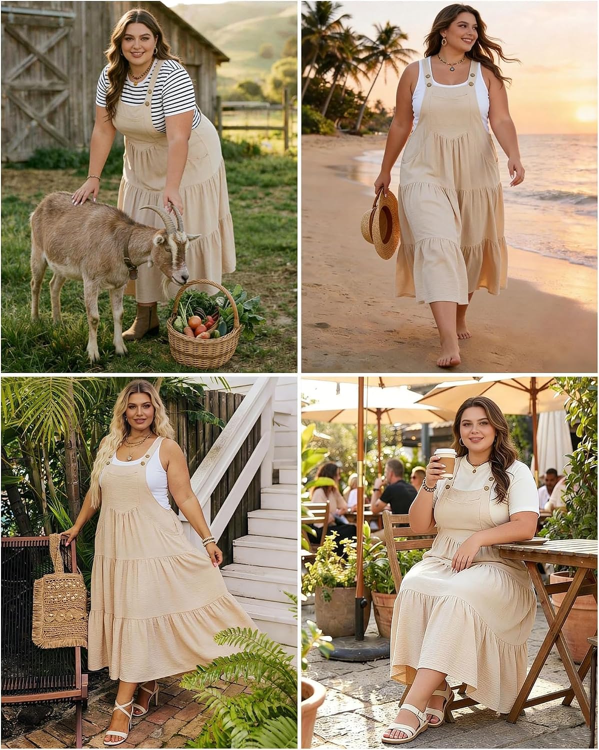 Moon Wood Plus Size Overall Dress for Women Summer Casual Maxi Dresses Jumper Dresses with Pockets Adjustable Straps