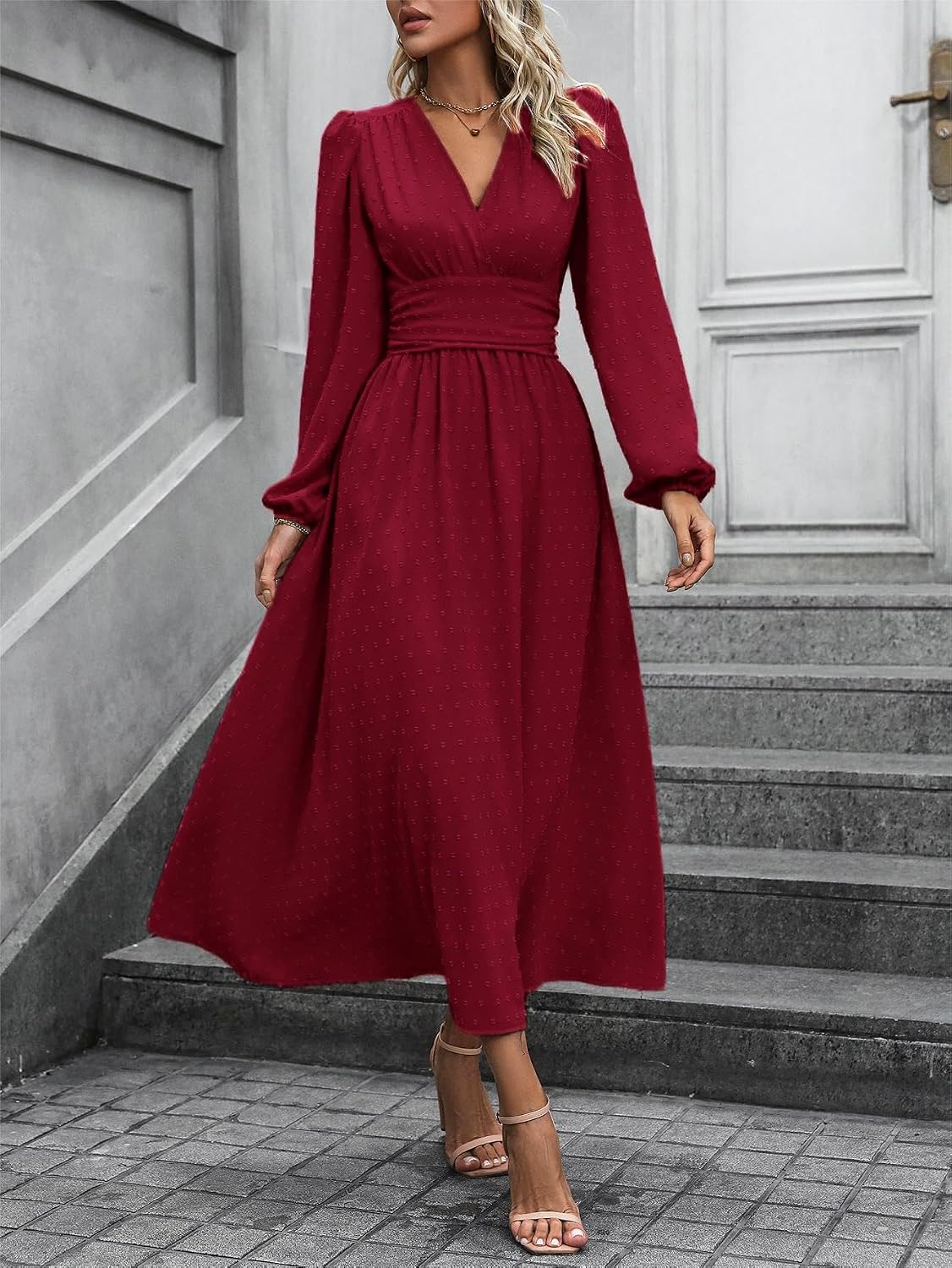 Mettclasi Women's Spring Fall Swiss Dot V-Neck Midi Dress Casual Puff Long Lantern Sleeve A-Line Flowy Wedding Guest Dress
