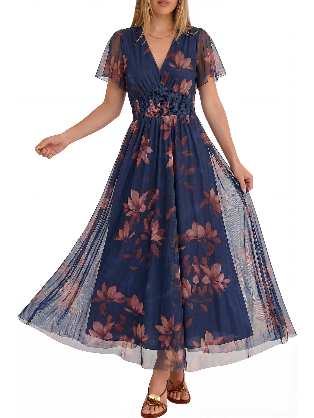ANRABESS Women's Floral Tulle Wedding Guest Short Sleeve Maxi Dress