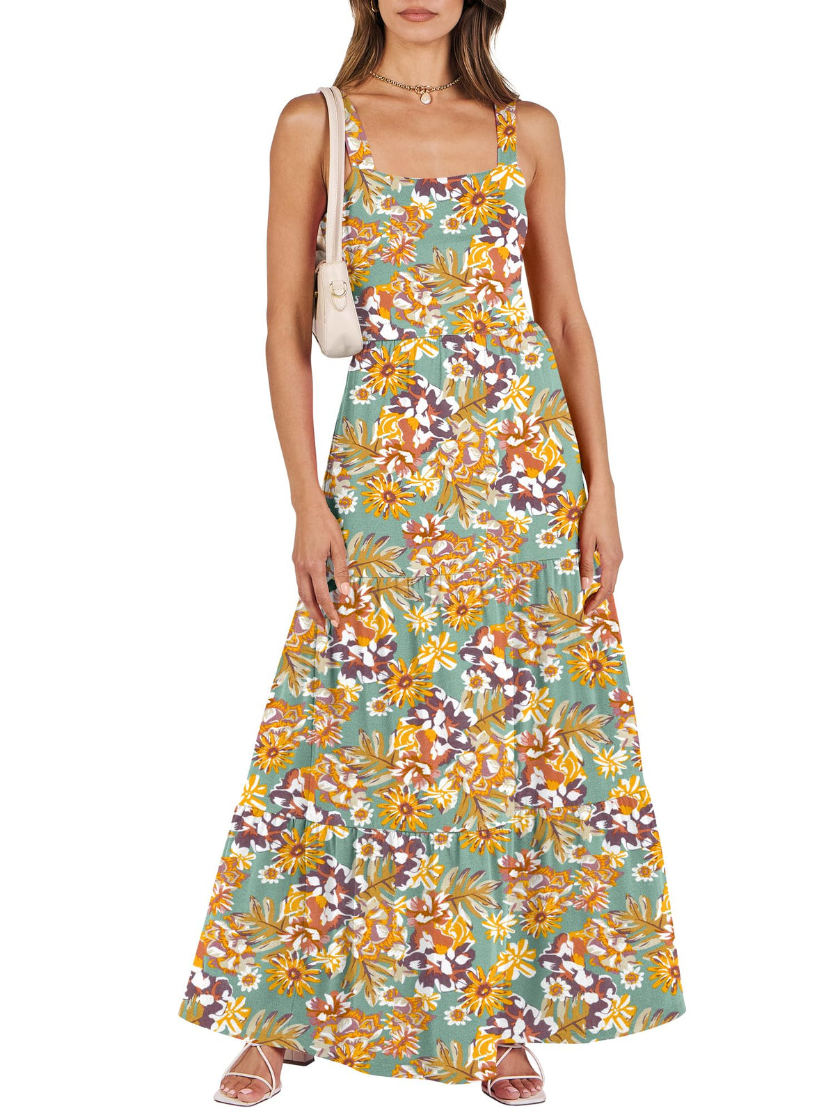 ANRABESS Women's Summer Flowy Maxi Dress Square Neck Sundress with Pockets