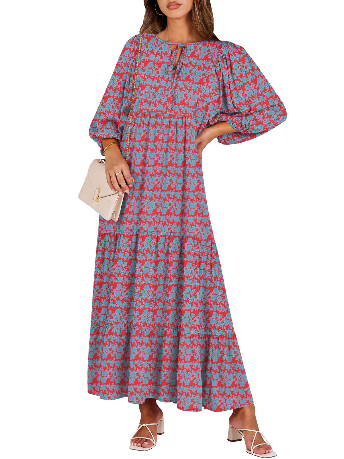 ANRABESS Womens Boho Floral 3/4 Puff Sleeve Maxi Dress