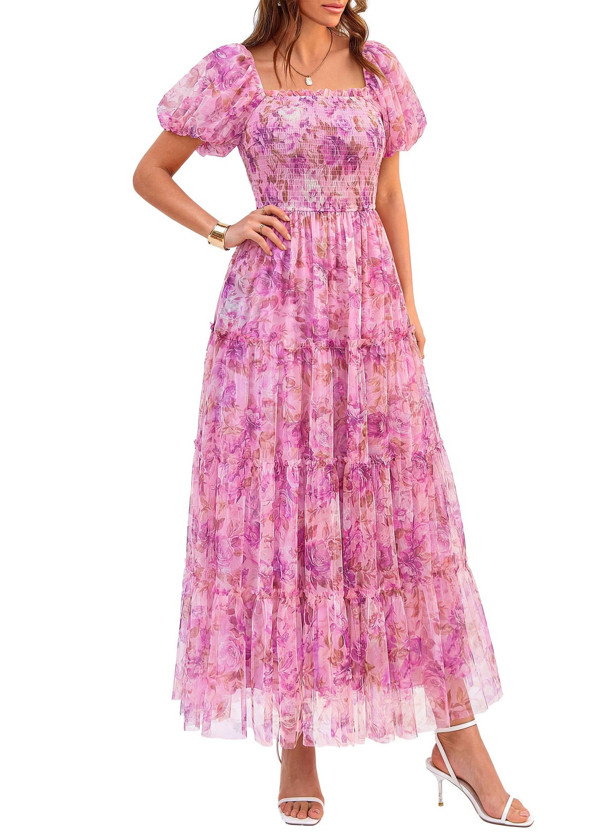 PRETTYGARDEN Women's Summer Smocked Midi Tulle Dress