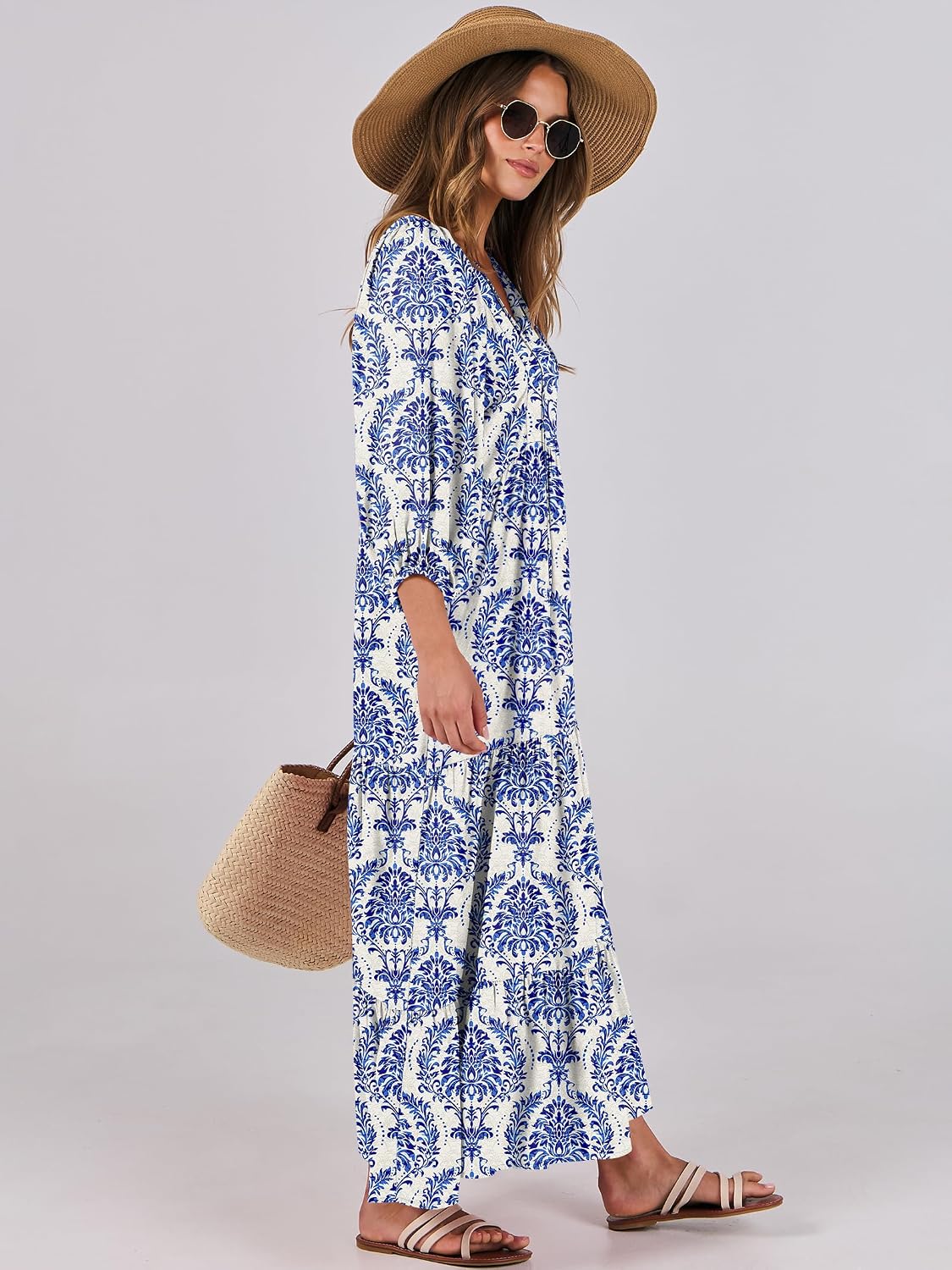 ANRABESS Womens Boho Floral 3/4 Puff Sleeve Maxi Dress