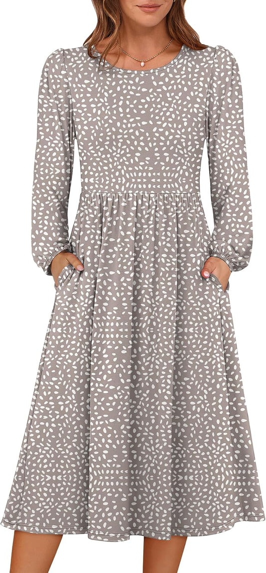 ANRABESS Women Long Sleeve Casual Fall Midi Dress Lightweight with Pockets