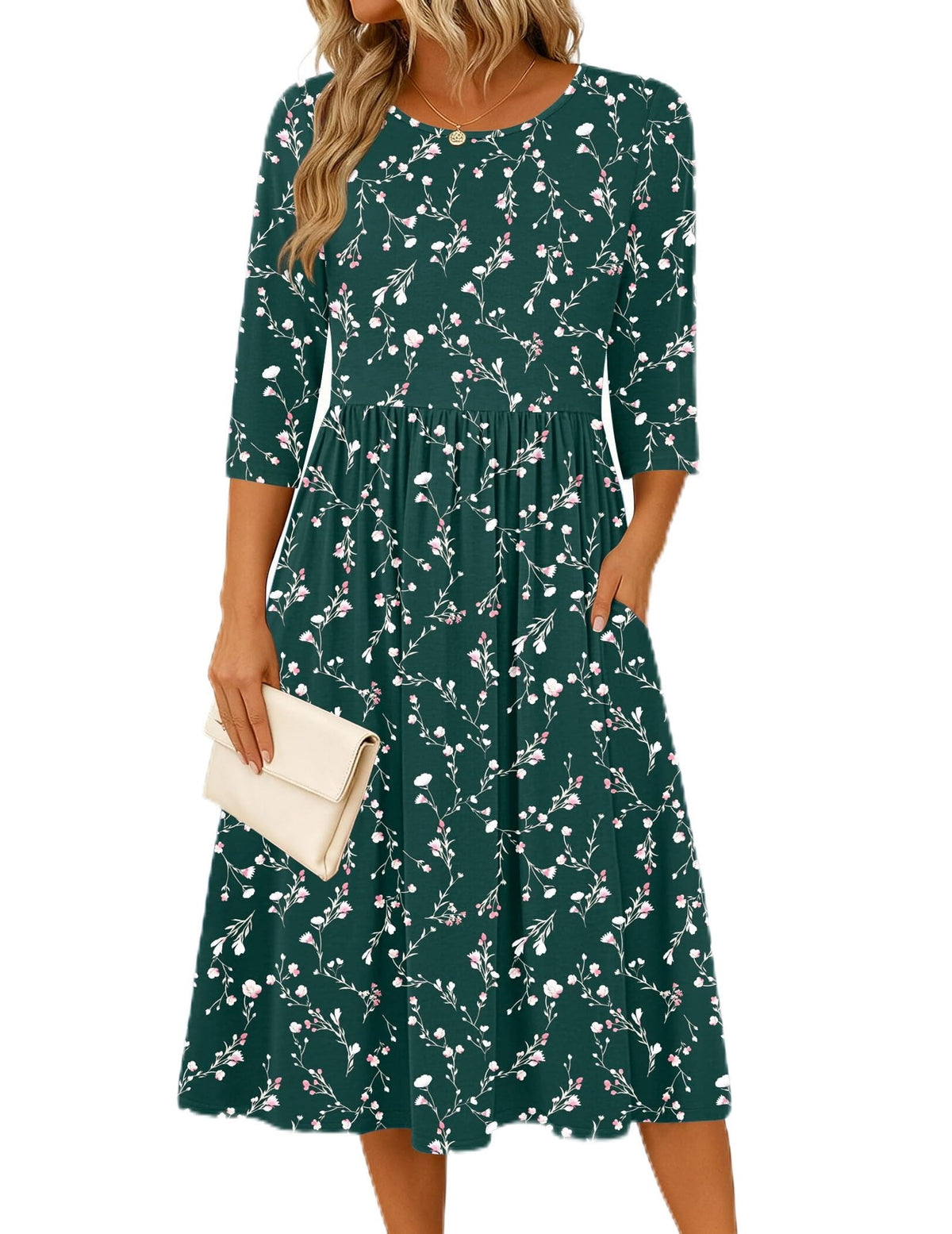 Zeagoo 3/4 Sleeve Women's Dress Casual Aline Summer Fall Midi Long Dresses