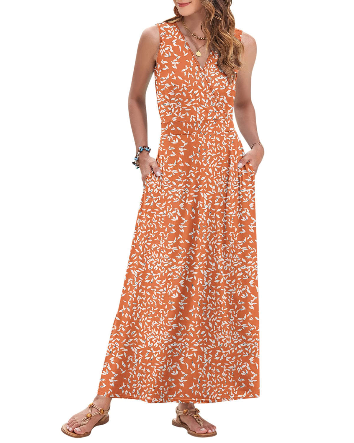 AUSELILY Womens Maxi Dress Summer Sleeveless Wrap Long Dresses with Pockets