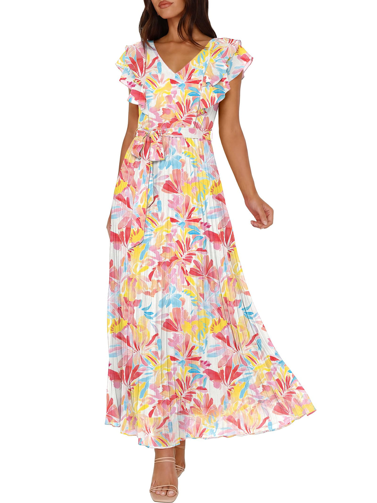 ANRABESS Women V Neck Ruffle Sleeve Floral Pleated Maxi Dresses Summer Boho Belt Empire Waist Wedding Guest Party Flowy Dress