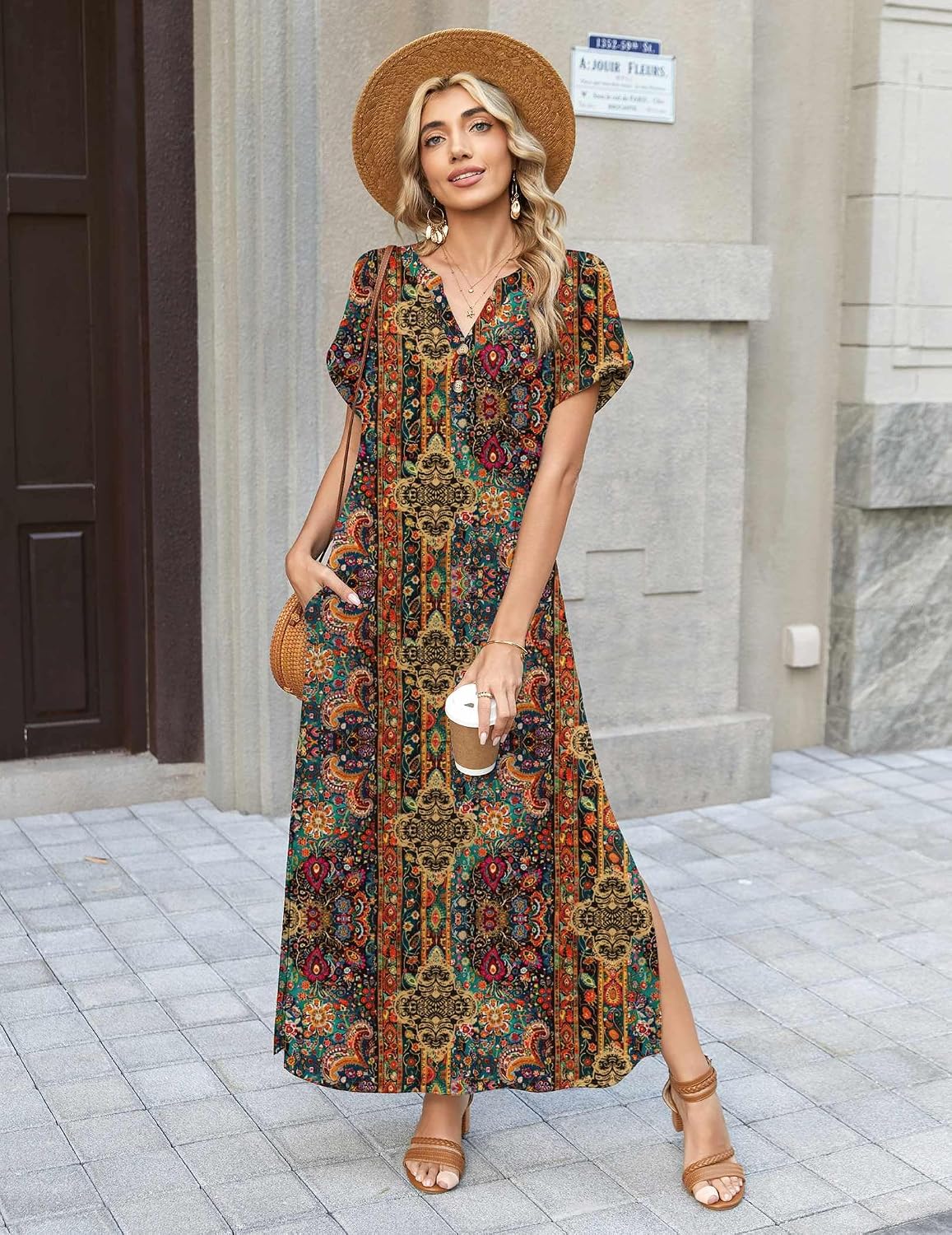 Zeagoo Summer Dresses for Women 2026 Maxi Dresses Vacation Sundress Short Sleeve Casual Sundresses Split Dress with Pockets