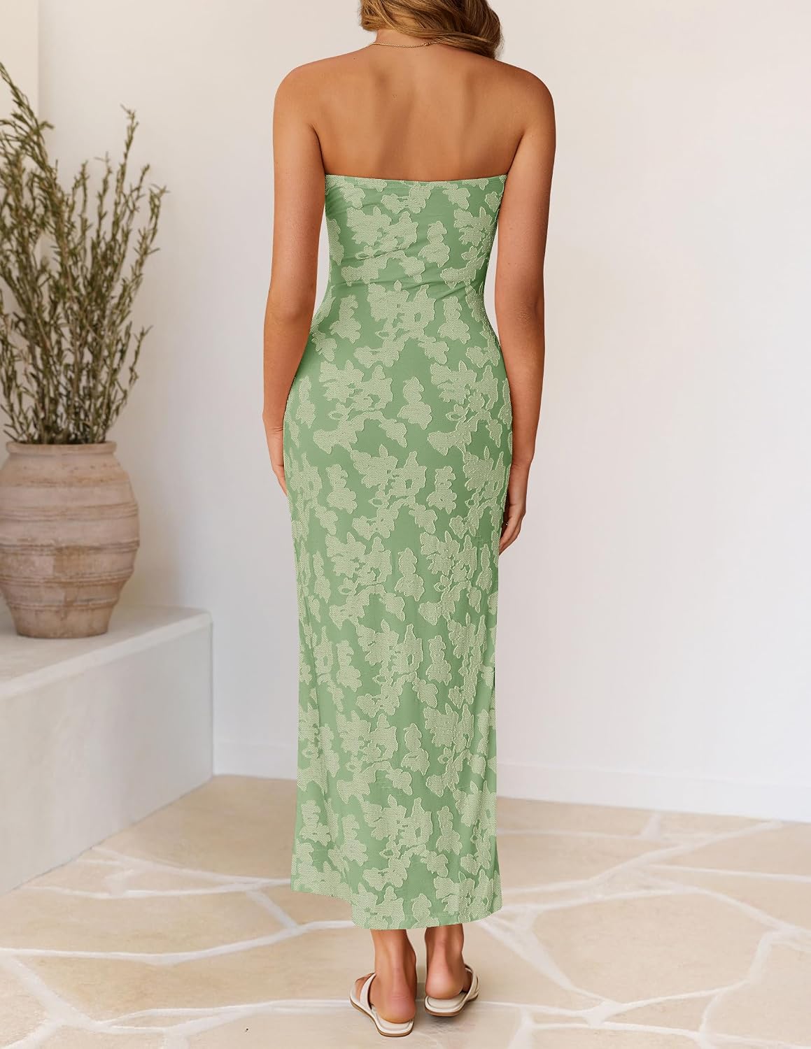 ZESICA Womens Summer Strapless Floral Bodycon Ruched Slit Maxi Formal Dress
