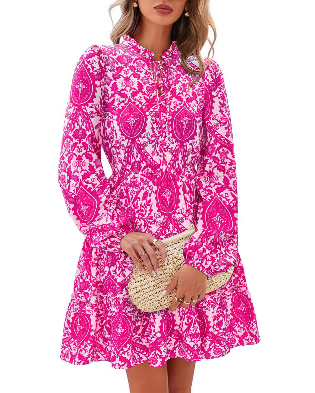 BTFBM Women Fall Dresses 2026 Floral Long Sleeve Mini Boho Dress