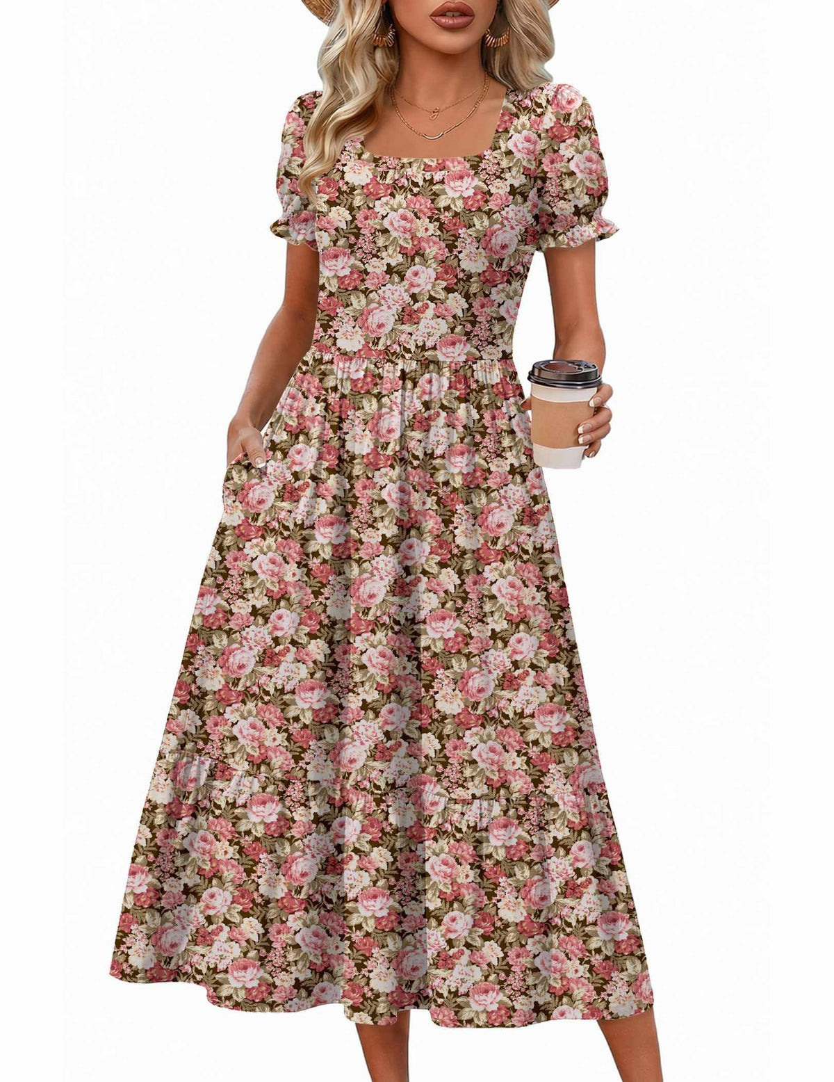 Zeagoo Summer Dresses for Women Flowy Casual Midi Dress Short Sleeve Tiered Dress Beach Vacation Sundresses with Pockets