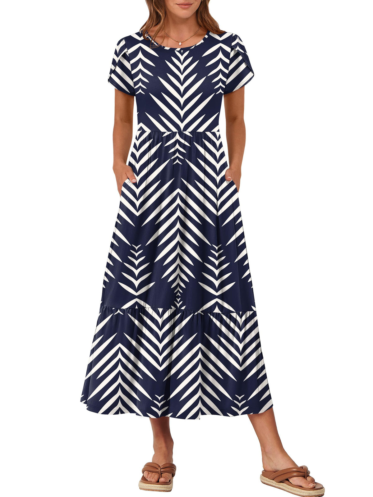 ANRABESS Womens Summer Petal Short Sleeve Maxi Dress with Pockets