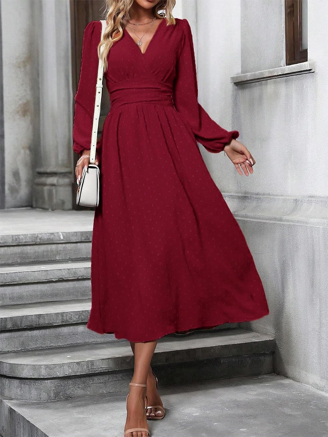 Mettclasi Women's Spring Fall Swiss Dot V-Neck Midi Dress Casual Puff Long Lantern Sleeve A-Line Flowy Wedding Guest Dress