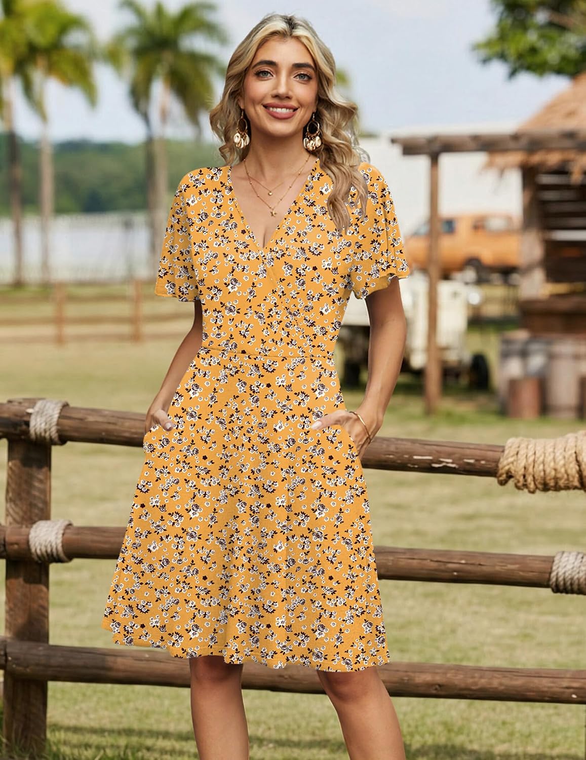 Zeagoo Womens Summer Dresses Wrap V Neck Dress Floral A-Line Ruffle Sleeve Casual Sundress with Pockets 2026