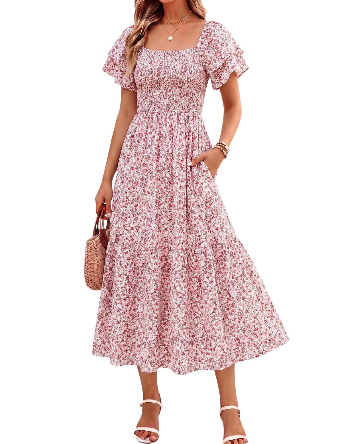 Women's Summer Midi Dress Short Sleeve Square Neck Off Shoulder Ruffle Elastic High Waist Vacation Dress with Pockets