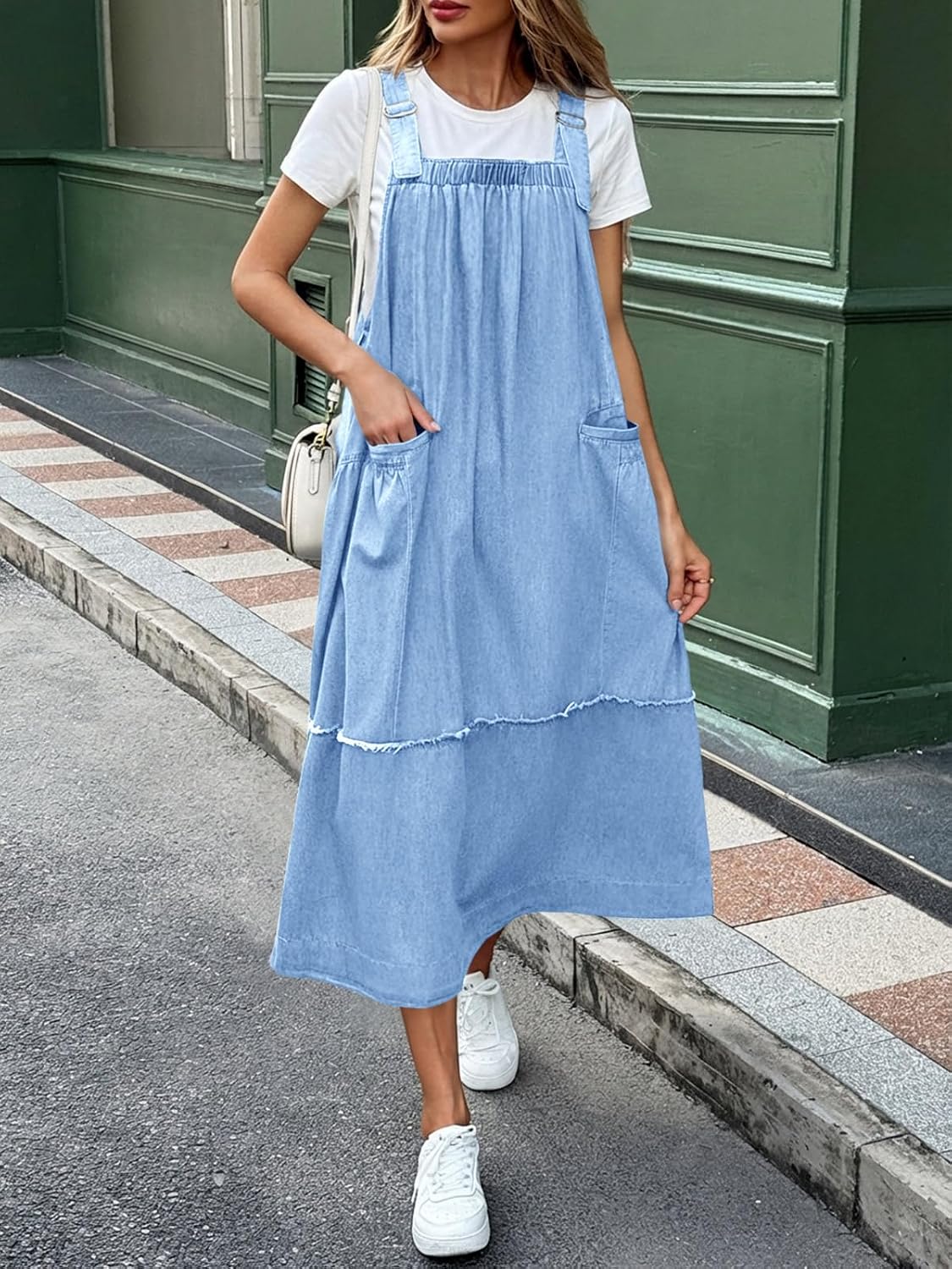 Cicy Bell Women's Denim Overall Dress Casual Adjutable Strap Back Drawstring Loose Jumper Bib Maxi Dresses with Pockets