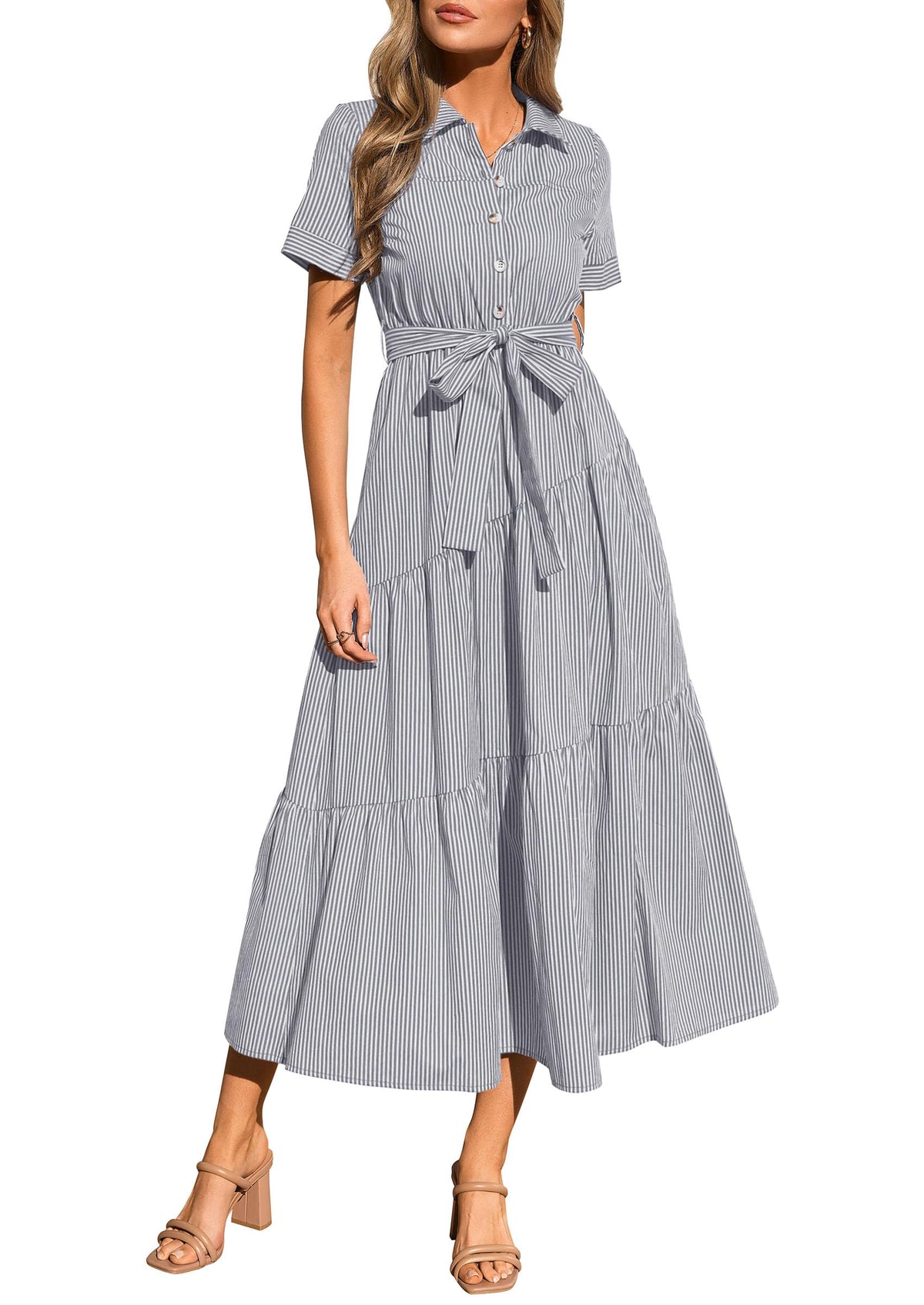 PRETTYGARDEN Women Striped Button Up Maxi Shirt Dress