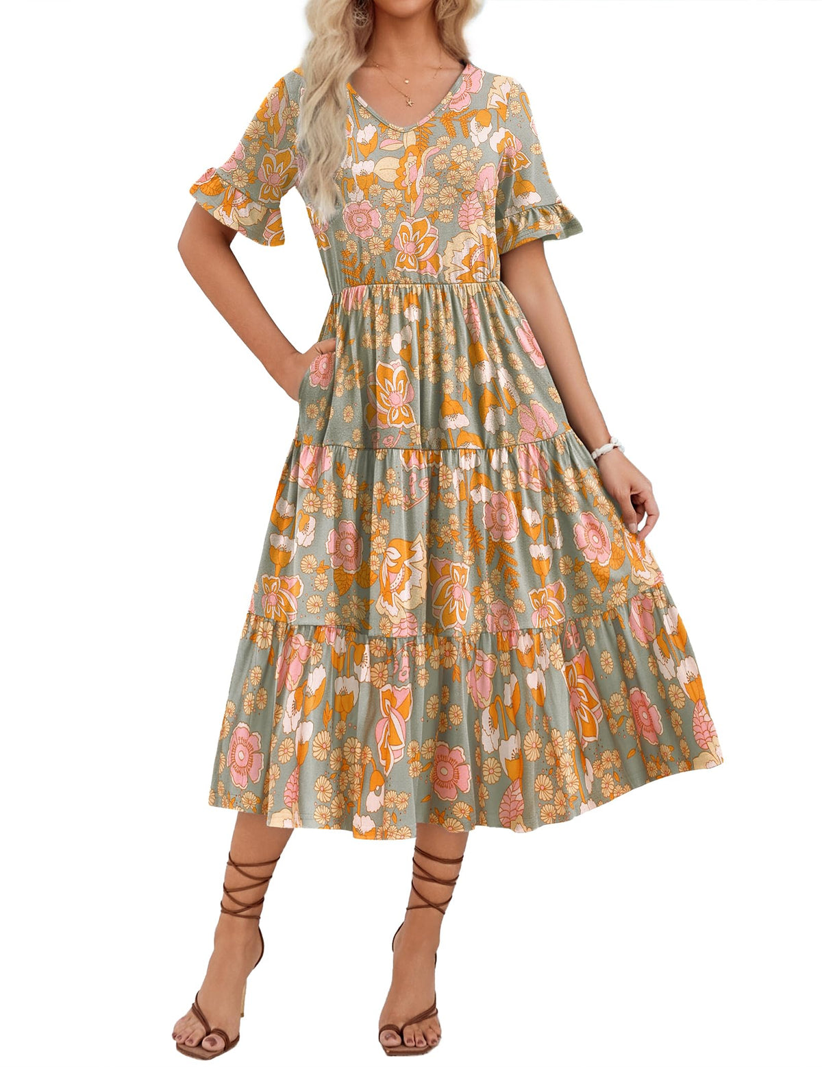 ZEAGOO Women's Summer Dresses Midi Tiered Casual Dress Floral V Neck Ruffle Short Sleeve Flowy Beach Dress with Pockets
