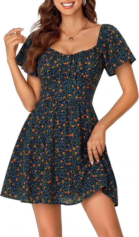 Rooscier Women's Tie Back Short Sleeve Mini Dress